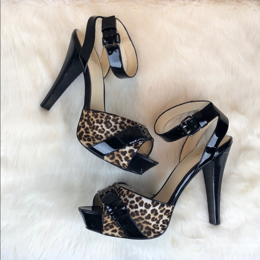 Pelle Moda Leopard and Black Patent Peep Toe Heels
